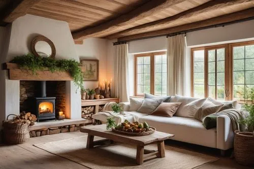 Modern country-style living room, luxurious rustic decor, wooden beam ceiling, large windows with white curtains, greenery view, natural light pouring in, comfortable plush sofa, velvet cushions, wood