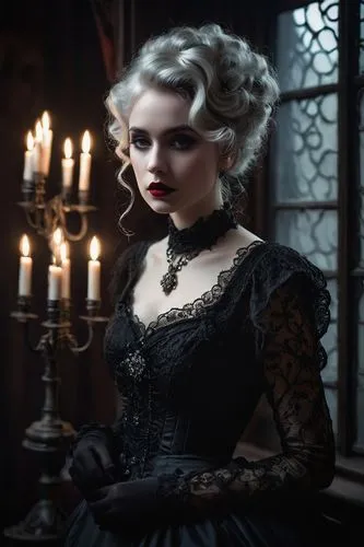 Ethereal Adeline, haunting beauty, solo, mysterious atmosphere, pale skin, dark circles under eyes, bold eyeliner, crimson lips, curly silver hair, Victorian Gothic dress, lace details, tattered edges