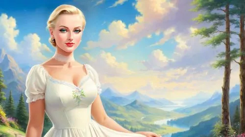 Romantic masterpiece oil painting, beautiful curvy busty woman portrait, silk sundress, nostalgic 1950's style kitsch, standing in front of a breathtaking beautiful epic vast landscape, majestic vibra