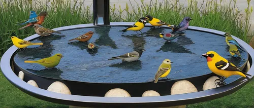 Imagine a futuristic city with robotic birds bathing in a modernized Mississippi bird bath.,bird bath,goldfinches,edible parrots,birdfeeder,fish pond,bird feeder,water birds,bird in bath,garden birds,