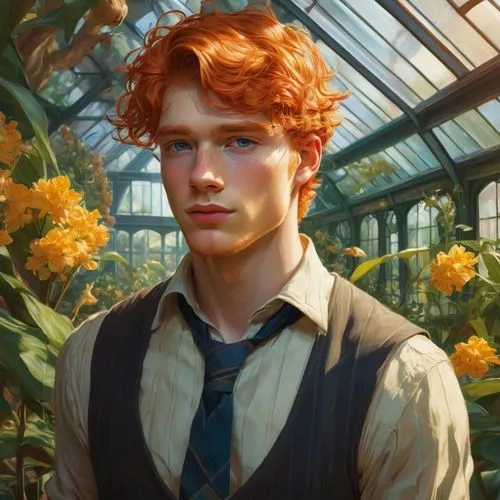 the garden marigold,robert harbeck,greenhouse,newt,romantic portrait,fantasy portrait,garden marigold,male elf,marigold,bunches of rowan,gardener,greenhouse cover,orange rose,orange blossom,orange marigold,apothecary,clove garden,clary,red-haired,rowan,Conceptual Art,Fantasy,Fantasy 18