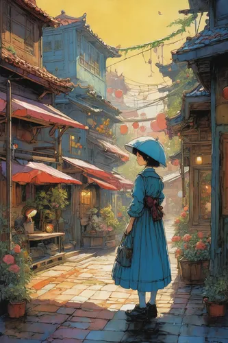 hanbok,watercolor tea shop,watercolor shops,studio ghibli,bukchon,darjeeling,violet evergarden,korean folk village,street scene,merchant,orient,japan landscape,kyoto,oriental,souk,lanterns,shirakami-sanchi,chinatown,world digital painting,parasols,Illustration,Realistic Fantasy,Realistic Fantasy 06