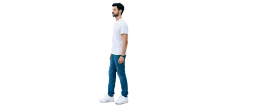 Man, walking, green screen, solo, athletic build, short black hair, casual wear, white t-shirt, blue denim jeans, black sneakers, confident stride, hands in pockets, 3/4 composition, shallow depth of 