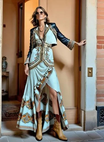 Fashion show ,an attractive woman in dress and boots poses for a picture,ivete,caftan,tarantella,ahlam,matador,flamenca,Photography,General,Realistic