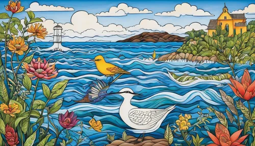 david bates,motif,sea birds,water birds,spanish tile,ceramic tile,bird painting,carol colman,water fowl,titicaca,glass painting,birds blue cut glass,mexican calendar,cd cover,flower and bird illustration,trumpeter swans,migratory birds,swan boat,agua de valencia,sea landscape,Illustration,Abstract Fantasy,Abstract Fantasy 12