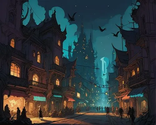 fantasy city,halloween background,arkham,chomet,nacht,schuitema,night scene,nightstalkers,scarcities,halloween illustration,halloween wallpaper,ravenloft,halloween scene,city at night,castlevania,zagreus,ancient city,cityscape,widsith,martre