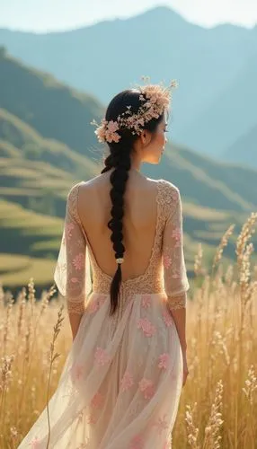 girl in a long dress from the back,girl in a long dress,bergersen,meadow,girl on the dune,milkmaid,countrywoman,inner mongolian beauty,country dress,shepherdess,countrywomen,kurdish,tahiliani,mongolian girl,maxon,celtic woman,flamenca,in the tall grass,backless,long dress