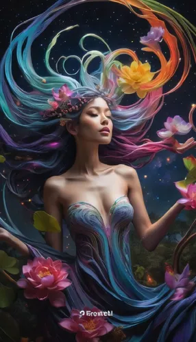 Woman with long flowing hair, flowers, bubbles and stars surround her,Gaiana,cosmic flower,world digital painting,fantasy art,diwata,dream art,fantasy picture