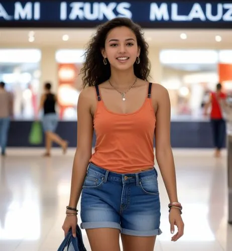 The Moroccan girl walks in the mall.  She wears flip flops, a bracelet around her ankle, a tank top and short jeans.,a smiling girl walks down the hall of an airport,malu,maisuradze,utsa,malia,mapei,t