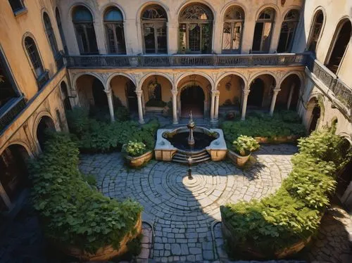 courtyards,courtyard,inside courtyard,cortile,cloister,monastery garden,palazzo barberini,patio,villa cortine palace,cloisters,villa d'este,kykuit,pinacoteca,certosa di pavia,montelena,bergamo,citta alta in bergamo,palazzo vecchio,fondazione,alcazar of seville,Illustration,Realistic Fantasy,Realistic Fantasy 23