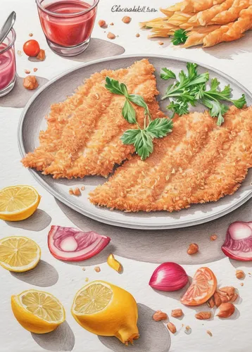 What are the ingredients used to make schnitzel in Chowder?,chicken schnitzel,cotoletta,schnitzel,fried fish,fish fillet,flounder,fish stick,fish fry,cabezon (fish),hüftfilet,scaloppine,napoleon fish,