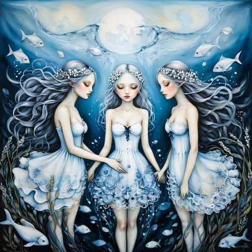 the three graces,mermaids,the sea maid,believe in mermaids,sirens,tour to the sirens,mermaid background,the zodiac sign pisces,mermaid vectors,fairies aloft,blue enchantress,pisces,blue moon rose,the snow queen,silvery blue,porcelain dolls,merfolk,water nymph,birds of the sea,water-the sword lily,Illustration,Abstract Fantasy,Abstract Fantasy 14