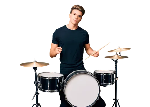 Drummer, male, young adult, dynamic pose, energetic expression, drumsticks in hand, black drums, metallic shine, studio setting, softbox lighting, shallow depth of field, 3/4 composition, warm color t