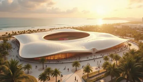 Beach-inspired stadium design, futuristic architecture, curved lines, wave-like structure, sandy beige color, glass roof, ocean views, palm trees surrounding, tropical plants, sunset atmosphere, warm 