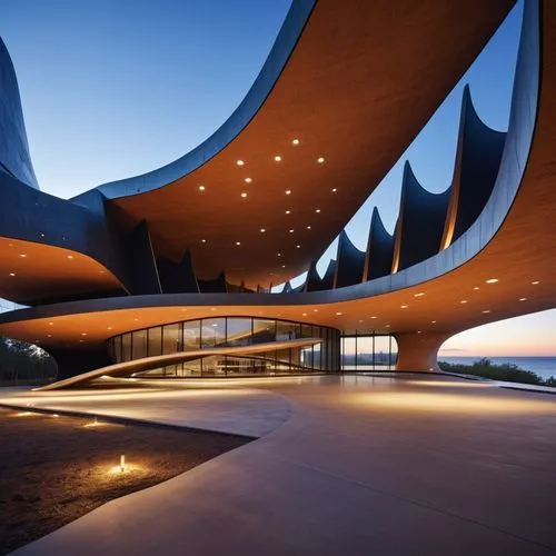 playa en un mundo diferente con apariciones de arquitecturas totalmente organicas,the modern architecture features multiple curves and is lit up with lighting,futuristic art museum,antinori,snohetta,f