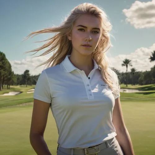 A beautiful young woman golf player with long messy blond hair. She is looking at the camera. A Masterpiece, best quality, relaxing, standing on the golf course. wearing a skinny top tank t-shirt. HD 