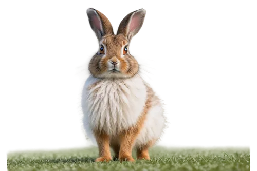 Fluffy hare, white fur, big brown eyes, cute nose twitching, standing, morning dew, green grass, sunny day, shallow depth of field, warm color tone, cinematic lighting, slight blur effect, 3/4 composi