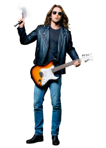 Rock musician, male, long hair, sunglasses, leather jacket, black shirt, blue jeans, guitar, standing, one leg bent, energetic pose, spotlight, smoke effect, dynamic composition, low angle shot, warm 