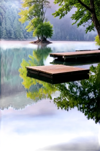 Peaceful scenery, serene lake, misty mountains, green trees, gentle ripples, wooden dock, soft morning light, warm color tone, 3/4 composition, shallow depth of field, cinematic lighting, tranquil atm