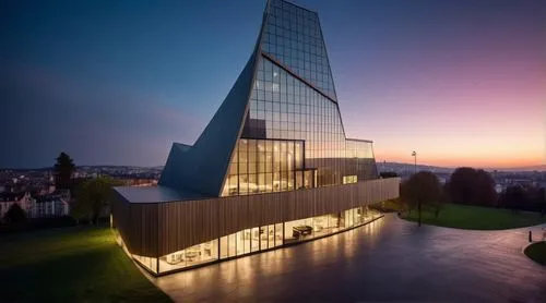 a glass building lit up at night with a sunset in the background,libeskind,hearst,glass facade,morphosis,bjarke,julliard,Photography,General,Realistic