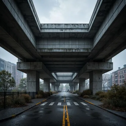 Rugged brutalist bridge, exposed concrete structure, bold angular forms, robust pillars, cantilevered walkways, raw unfinished surfaces, industrial aesthetic, urban cityscape, gloomy overcast sky, dra