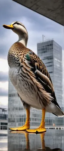 Yellow bill, webbed feet, feathers in shades of brown and white, standing on one leg, relaxed posture, near a modern architectural building, glass walls, steel beams, minimalist design, urban setting,