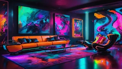 apartment lounge,livingroom,colored lights,living room,great room,neon cocktails,playroom,neon coffee,neon,modern room,ufo interior,colorful light,neon ghosts,neon colors,color wall,neon light,black light,sala,neon drinks,neon lights,Conceptual Art,Oil color,Oil Color 20