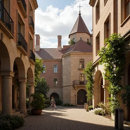 Warm beige stone walls, rustic red brick facades, earthy brown roofs, soft golden lighting, creamy white arches, rich terracotta accents, muted greenery, ornate copper details, classic Gothic spires, 