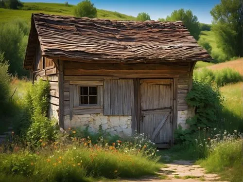 Rustic wooden shed, rural landscape, rolling hills, surrounded by wildflowers, old metal roofing, worn stone foundation, vines crawling up walls, wooden doors with rusty hinges, small windows with whi