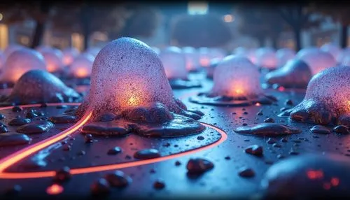 3d render,cinema 4d,3d rendered,spheres,lava balls,ambient lights,blender,light effects,mushroom landscape,luminarias,render,lightwave,shaders,3d fantasy,material test,shader,particles,3d background,bokeh,fractal lights