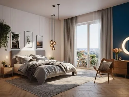 modern room,bedroom,sky apartment,modern decor,shared apartment,an apartment,bedroom window,apartment,great room,loft,sleeping room,penthouse apartment,floor lamp,hanging clock,blue room,danish room,interior design,guest room,room lighting,contemporary decor