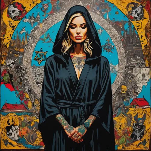 seven sorrows,the nun,portrait of christi,priestess,rosary,icon,the prophet mary,priest,gothic portrait,the magdalene,sacred art,nun,the witch,vampira,kundalini,religious,birds of prey-night,album cover,mary-gold,sorceress,Conceptual Art,Graffiti Art,Graffiti Art 01