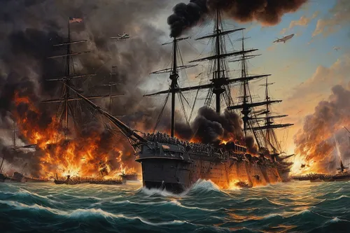 naval battle,sloop-of-war,full-rigged ship,steam frigate,east indiaman,protected cruiser,ironclad warship,pre-dreadnought battleship,three masted,mutiny,gunboat,galleon,usn,frigate,inflation of sail,training ship,three masted sailing ship,armored cruiser,battlecruiser,battleship,Art,Classical Oil Painting,Classical Oil Painting 39