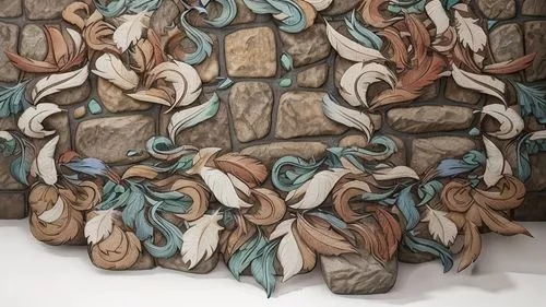 a stone wall with feathers decorating it, unrealistic style, what is under the wall is a white background, the stone and the wall are not very detailed but with a lot of color,patterned wood decoratio