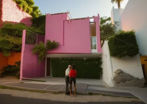 Diseño de casa estilo mínimalista, USANDO MUROS BLANCOS, CON UN ELEMENTO EN COLOR ROSA MEXICANO, fusionando elementos de la arquitectura del arquitecto Luis barragan, ubicada en un ambiente urbano con