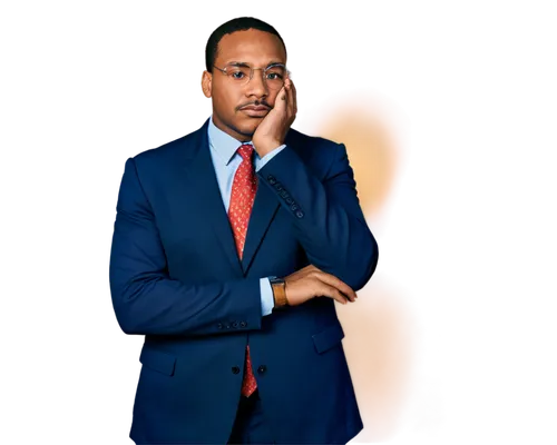 Martin Luther King Jr, African American male, 35-40 years old, historical figure, suit, tie, glasses, Afro hair, serious expression, standing, hands clasped together, American flag in background, warm