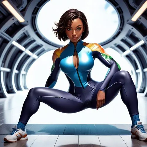 Ebony

Huge muscular legs.

Huge chest

Sensual pleasure face

Same exact pose

Full body cycling suit

 ,an animated woman in blue tights poses for the camera,korra,mckelvie,suyin,asami,brigette,rogu