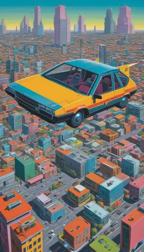 Imagine a futuristic city with flying cars and advanced technology.,80s,colorful city,bobby-car,city car,tokyo city,geo metro,elektrocar,1980s,1980's,moc chau hill,tokyo,cityscape,station wagon-statio