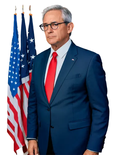 American president, middle-aged man, serious expression, glasses, grey hair, suit, red tie, white shirt, American flag pin, standing, hands behind back, confident posture, realistic, soft lighting, 3/