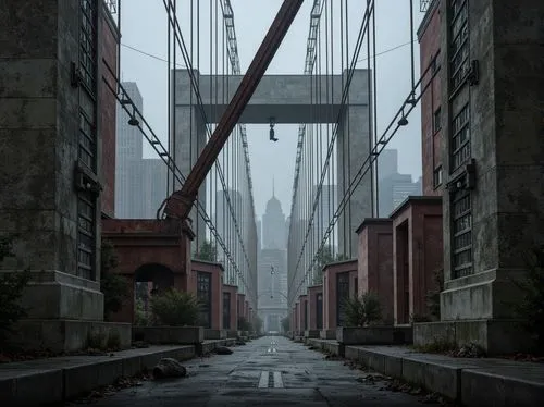 Weathered steel beams, industrial textures, geometric patterns, structural cables, suspension systems, modernist architecture, urban landscapes, city skylines, dramatic lighting, low-key tone, misty a