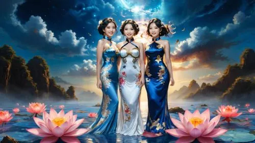 create a photo realistic image of three beautiful  Japanese very voluptuous goddesses. All three are floating in the void near a nebula in the back ground. All three females have beautiful angelic-lik