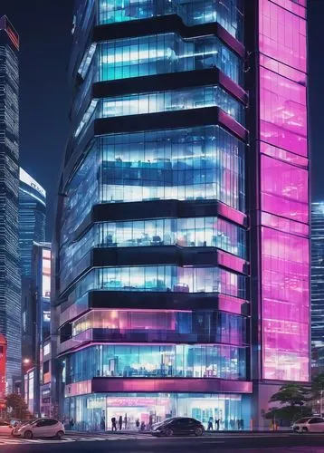 Modern skyscraper building, futuristic architecture, glass and steel structure, sleek lines, angular shapes, cityscape background, night scene, neon lights reflecting off the windows, busy streets wit