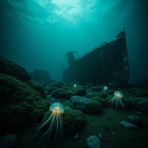 Mysterious underwater scene, dark cyan hues, eerie bioluminescent creatures, glowing jellyfish, abandoned shipwreck, rusty metal debris, seaweed-covered rocks, misty ocean atmosphere, soft blue-green 