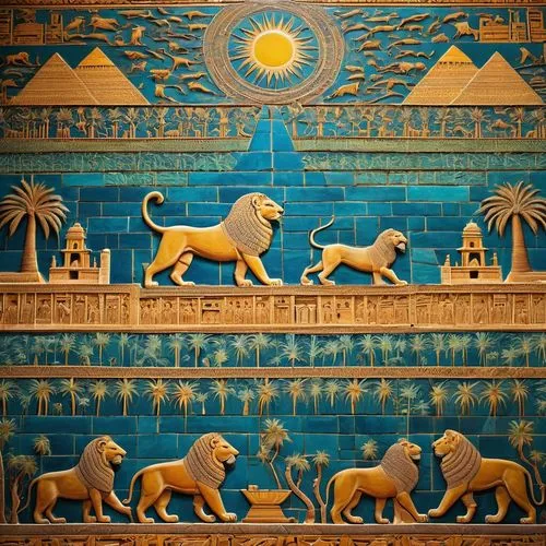 Ancient Mesopotamian temple, intricate stone carvings, glazed tiles, ziggurat structure, stepped pyramid, ornate walls, hanging gardens, Babylonian Ishtar gate, lions and bulls statues, palm trees, su