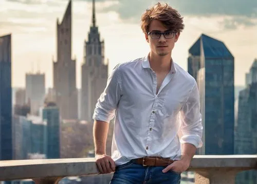 Young adult, male, bachelor of design in architecture, standing, confident pose, black framed glasses, short messy hair, casual facial expression, white shirt, dark blue jeans, brown leather belt, Adi