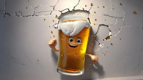 glass of beer breaking against a wall in 3D amimtion style ,a glass of beer is popping its head out from the  in the wall,fanta,renderman,pepsico,orangina,beer can,beermann,Unique,3D,3D Character