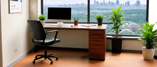 Office interior, modern decor, wooden desk, leather office chair, computer monitor, keyboard, papers scattered, potted plants, floor-to-ceiling windows, city view outside, warm lighting, 3/4 compositi