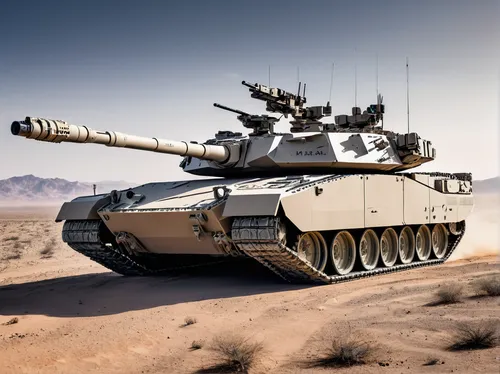 M1A2 Abrams tank, turret close-up, desert camouflage, reactive armor plates, heavy metal texture, dusty environment, military insignia, cannon barrel, machine gun, hatches closed, rugged terrain, spar