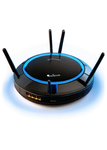 Wifi router, modern design, sleek body, glowing blue light, several antennas, white background, shallow depth of field, 3/4 composition, soft lighting, high-tech gadget, metallic material, futuristic 