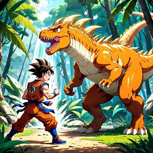 prehistoric,dragon ball,dragonball,megafight,encounter,game illustration,dragon ball z,jurassic,digidestined,turok,gon,showdown,jaggi,cretaceous,recca,childhoods,kamehameha,confrontation,game art,cartoon video game background,Anime,Anime,Realistic